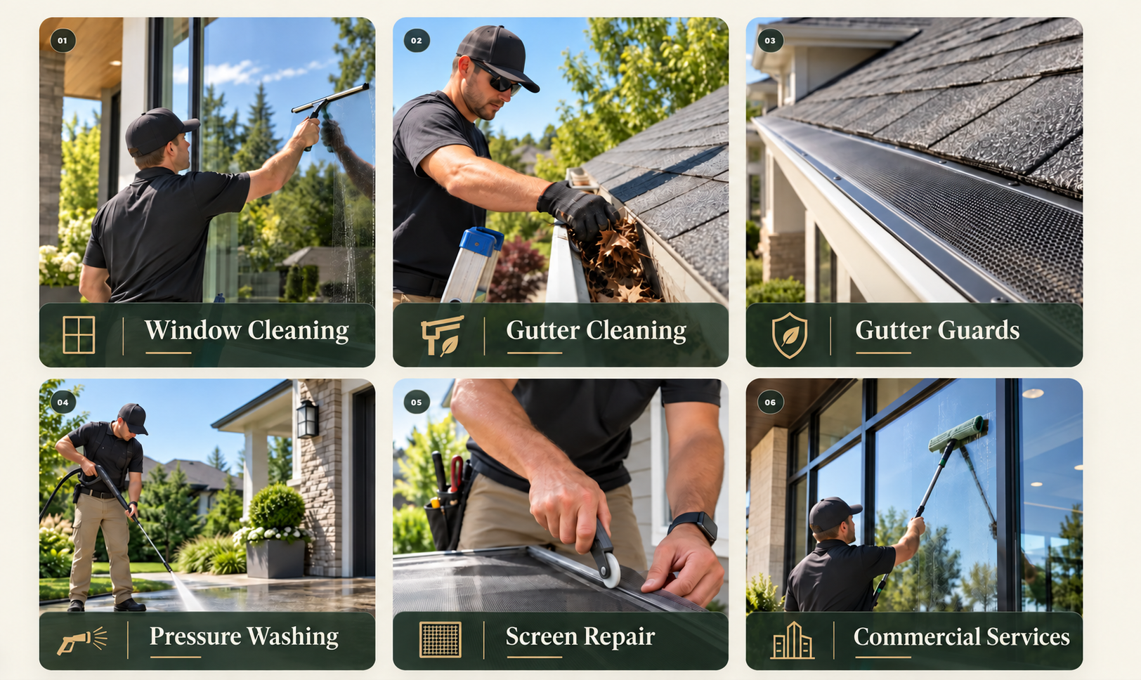 HomeTown Window Cleaning services: window cleaning, gutter cleaning, gutter guards, pressure washing, screen repair, and commercial services